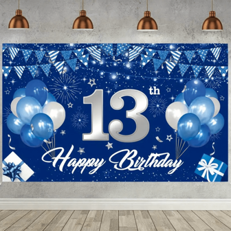 1PC Birthday Party Background Decoration Banner, Blue And Silver Balloon Style Happy Birthday Background Cloth 10 13 16th Birthday Party Decoration Banner Photography Photo Cloth, Photography Photography Background Cloth Shadow Corridor, Room Decoration, 59x39 Inches/150x100 Centimeters,Christmas