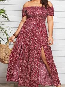 Vestido de Talla Grande para Mujer, Hombros Descubiertos Manga Farol, Bohemio Elegante de Fiesta, Cómodo y Mode - Rojo - Ver 4