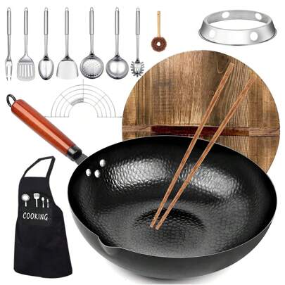TAIMASI 12.6'' Carbon Steel Wok Pan, 14 Piece Stir Frying Pans Set With Wooden Lid & Cookwares, No Chemical Coated Flat Bottom Chinese Woks For Induction, Electric & Gas - Great For Thanksgiving, Christmas, New Year's, And Chinese New Year Cooking And Gifting