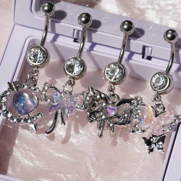 1 pièce Anneau de nombril de papillon en acier inoxydable à la mode avec strass, accessoire de piercing pour nombril pour femmes/filles à personnalité