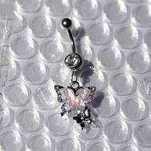1pc Fashionable Stainless Steel Butterfly Navel Ring With Rhinestones, Personalized Women/Girls Belly Button Piercing Accessory - Color - View 4