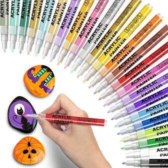 24色丙烯颜料马克笔，0.7毫米超细笔尖，适用于在画布、岩石、绘画、木材、织物、陶瓷、石头、金属上作画。