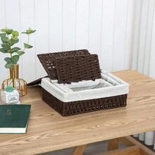 3入組帶蓋桌面收納籃，矩形形狀，紙繩收納箱，帶布質裡襯，適用於杏色、灰色和咖啡色，適用於咖啡桌上零食，手工編織家庭組織，現代簡約風格，防塵適用於玩具、內衣褲、襪子和小物品收納箱。 - 套三帶蓋收納籃 - 查看 5