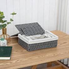 3入組帶蓋桌面收納籃，矩形形狀，紙繩收納箱，帶布質裡襯，適用於杏色、灰色和咖啡色，適用於咖啡桌上零食，手工編織家庭組織，現代簡約風格，防塵適用於玩具、內衣褲、襪子和小物品收納箱。 - 套三帶蓋收納籃 - 查看 4