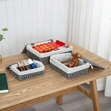 3入組帶蓋桌面收納籃，矩形形狀，紙繩收納箱，帶布質裡襯，適用於杏色、灰色和咖啡色，適用於咖啡桌上零食，手工編織家庭組織，現代簡約風格，防塵適用於玩具、內衣褲、襪子和小物品收納箱。 - 套三帶蓋收納籃 - 查看 8