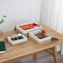 3入組帶蓋桌面收納籃，矩形形狀，紙繩收納箱，帶布質裡襯，適用於杏色、灰色和咖啡色，適用於咖啡桌上零食，手工編織家庭組織，現代簡約風格，防塵適用於玩具、內衣褲、襪子和小物品收納箱。 - 套三帶蓋收納籃 - 查看 7