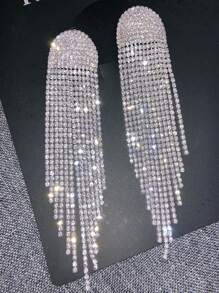 Bride Wedding Party Ultra Sparkly Claw Chain Rhinestone Earrings - Silver - View 5