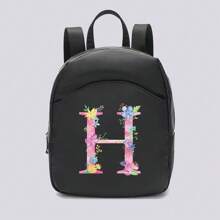 时尚小背包运动包防水背包女士户外购物拉链背包尼龙背包休闲书包适用于旅行骑行运动徒步旅行露营首字母名称 A 到 Z 粉色字母花卉印花，Tready 背包，学校包，学校包，返校背包，学校书包，大背包，大容量，便携，适合青少年女孩女大学生，非常适合返校、开学第一天、大学、中学、高中 - 黑色 - 查看 23