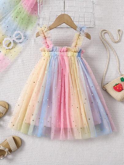 Vestido de tul con brillos de moda de verano para niña con lindos tirantes