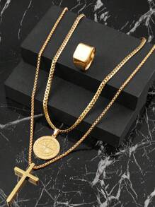 Ensemble de bijoux personnalisé à la mode composé de 3 pièces de décoration croix compas en acier inoxydable plaqué or 18k pour hommes, cadeaux de saison sportive et de rentrée scolaire