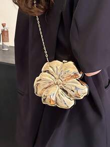 Luxury Shiny ABS Material Flower Shaped Mini Clutch Handbag Buckle Metal Bead Chain Shoulder Bag Women Party Charming Gift, Suitable For Dating, Shopping, Going Out, Commuting, Daily Matching, Fashion Niche Design, Women Bag