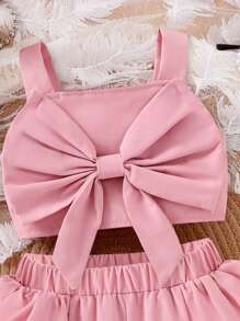 Conjunto de bebé con top corto sin mangas decorado con lazo y shorts rosas - Rosa - Ver 4