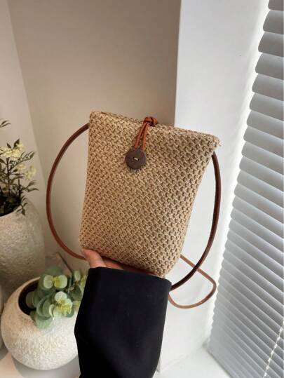 low tea 1 Stück einfarbige gewebte Strohhandtasche, modische Mini-Umhängetasche für Damen für den Sommerurlaub mit Platz für das Smartphone, geeignet für Teenager, Studentinnen, Berufseinsteiger und Büroarbeiterinnen, ideal für den Weg zur Arbeit, Outdoor-Aktivitäten, Reisen und Ausflüge für Damen, Geldbörse