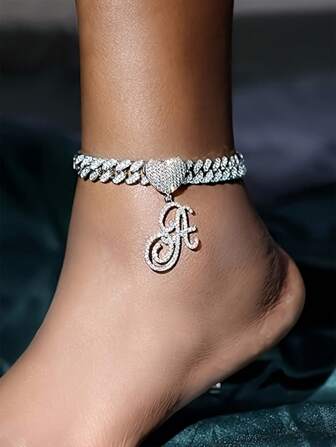 LIGHTSOME 13mm Silver Link Anklets For Women Heart 26 Letters Cursive Pendant Miami Link Chain Ankle Bracelets For Women Hip Hop Iced Out Letter Chain Anklet Valentines,Mom,Mother,Mother's Day,Gift