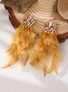 NAIZHU 1 Pair Stylish Luxury Sexy Exaggerated Feather & Rhinestone Earrings, Fashion Party Accessories, Random Feather Design