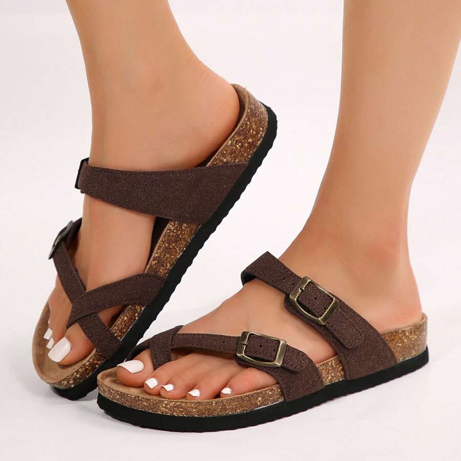 Women's Flat Retro Style Casual Sandals,Toe Ring Cross Strap Cork Sandals,With Adjustable Buckle Summer Sandals - 棕色 - 查看 1