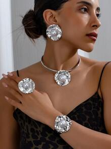 2024新款欧美时尚优雅复古金属质感项链耳环戒指手链套装，1件/1套，夸张个性网红街头风拍摄领项链通勤高级感合金创意夸张金属优雅几何项链首饰女款 - 首飾套裝 - 查看 18