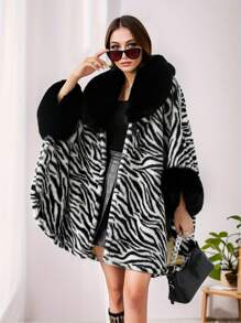 1 Peça Poncho de Outono/Inverno, Tecido de Poliéster, Casaco Folgado Grosso e Longo com Gola Cowl Oversized, Estampa de Vaca, Zebra, Impressão de Pele de Leopardo Falsa