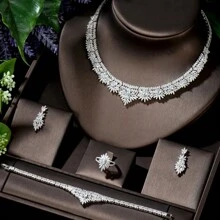 1set Fashionable Cubic Zirconia Feather Decorated Jewelry Set Suitable For Women's Graduation Ceremony - Silver - View 1