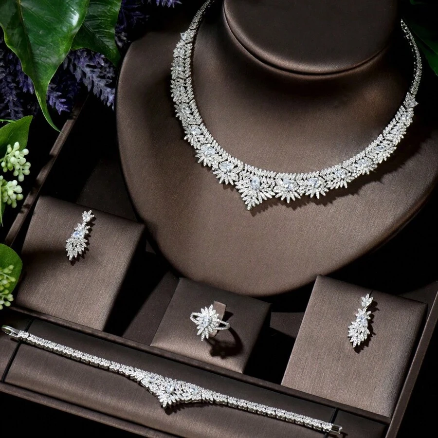 1set Fashionable Cubic Zirconia Feather Decorated Jewelry Set Suitable For Women's Graduation Ceremony - Silver - View 1