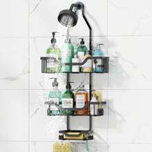 CASEGRACE 1pc Shower Caddy Over Shower Head, Large Hanging Shower Caddy With 12 Hooks For Razor Sponge, Over The Shower Head Storage Rack With Soap Basket, Hanging Shower Organizer For Bathroom