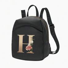 輕盈、便攜式時尚小背包運動包女式戶外購物防水背包拉鍊背包尼龍背包休閒書包旅行騎行運動遠足露營初始名字 A 到 Z 金色字母花朵印花書包適合大學生完美的大學、商務、工作、通勤、戶外、健行、旅行、登山、體育場、運動、郊遊、回到學校 - 黑色 - 查看 13