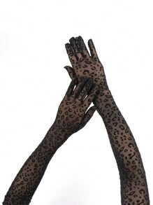 55cm lange Leoparden-Muster Mesh Handschuhe für Frauen, dünnes Design mit Spitzenbesatz, ideal als Fahrhandschuhe, Sonnenschutz, Halloween Kostüm Zubehör - Handschuhe mit Leopardenmuster - Übersicht 3