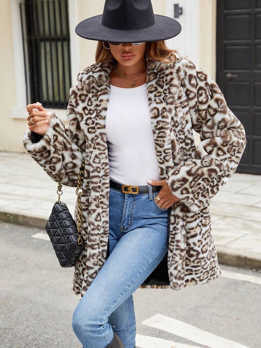 Chaqueta de estampado de leopardo esponjosa y a la moda, para otoño/invierno - Blanco - Ver 1