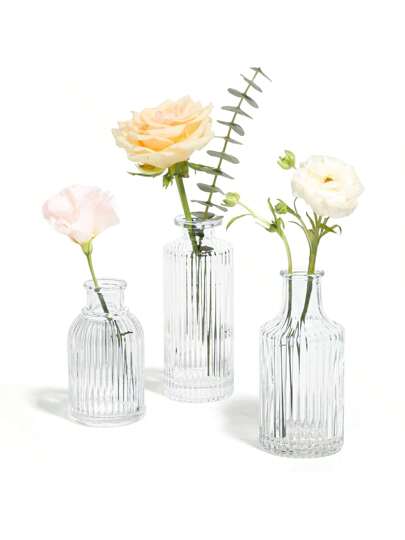 1pc Or Glass Vase, Bulk Small Mini Ribbed Meubel Transparent Vintage Vase Tabletop, Wedding, Reception, Home Birthday Graduation Room Flower