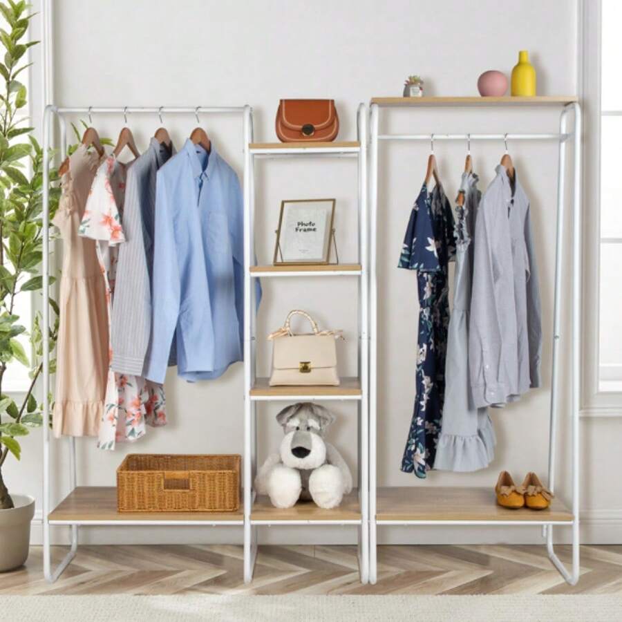 Clothes Rack With 5 Wood Shelf, Freestanding Clothing Rack,Garment Rack