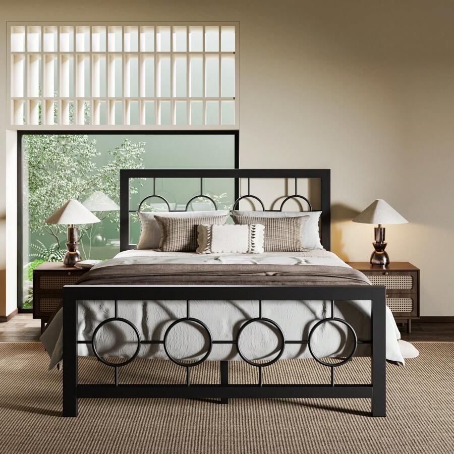 Allewie Metal Platform Bed Frame With Modern And Vintage Style Headboard, No Box Spring Need,Easy Assembly, Noise-Free In Brown/Black * Bed Frame Queen Queen Bed Frame Bed Frame Full Full Size Bed Frame King Size Bed Frame Twin Bed Frame Room Decor Home Decor Christmas Decor Bedroom Decor Valentine Day Decor Storage Living Room Decor Furniture House Decor - màu đen - Xem 1