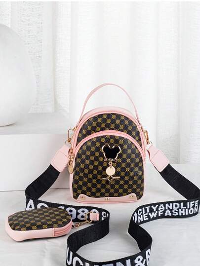 2 Pieces Set: Fashion Print Crossbody Bag With Coin Zipper Pocket & Mouse Pad Shoulder Bag With Metal Decor, Phone Wallet & Handbag