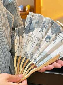 Random 1pc Chinese Style Ink Painting Folding Fan, Portable Handheld Fan With Seashell Decor, For Summer And Traditional Costume