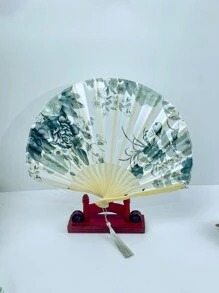 Random 1pc Chinese Style Ink Painting Folding Fan, Portable Handheld Fan With Seashell Decor, For Summer And Traditional Costume