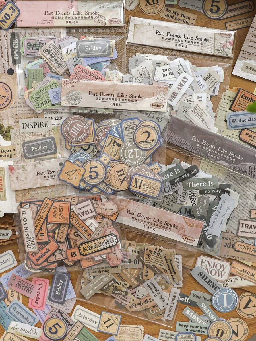 100 Cái/gói Washi Bộ Miếng Dán Vintage Thẻ Chữ Số & Thơ In Giấy Tự Dính Cho Thêu Sò & DIY Trang Trí - Nhiều màu - Xem 1