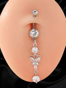 1PC  Rhinestone Butterfly Decor Navel Belly Ring Unisex Stainless Steel Crystal Punk Piercing - A Fashionable Body Jewelry Gift For Any Occasion
