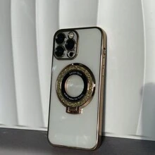 With Phone Charm 1pc Gold Plated TPU Phone Case For Magsafe Stand, With Camera Lens Protector, Shockproof Cover Compatible With IPhone 15pro Max 14 13 12 11, Full Coverage - Gold - View 3