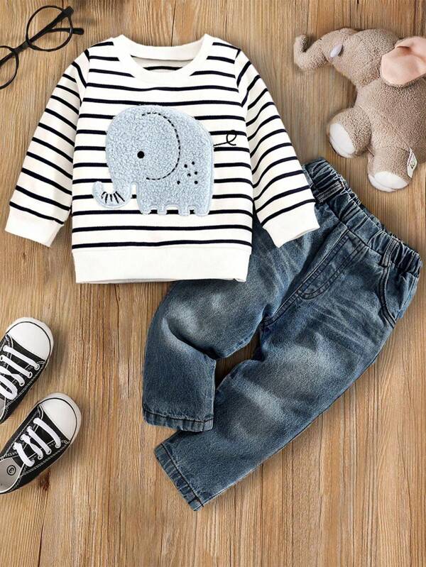 Conjunto de sudadera con rayas y jeans bordados con elefante para bebé, 2 piezas