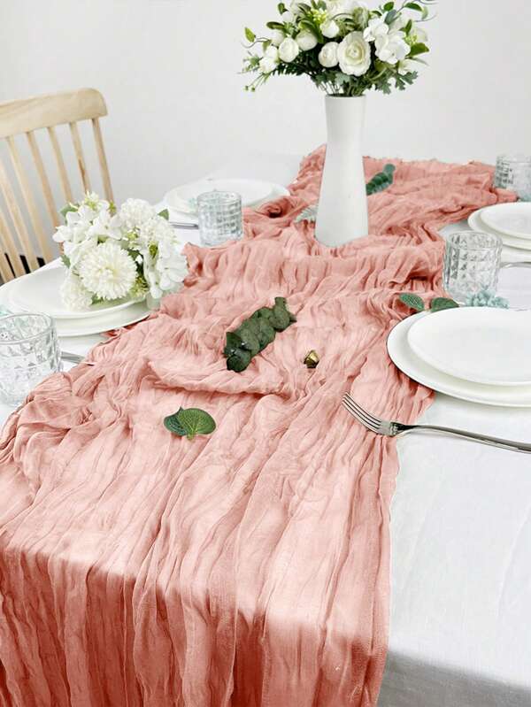 1pc Coral Pink Pleated Table Runner, Folding Tablecloth, Festive Birthday Decor Wedding Decor Holiday Home Decor Party Room Table Decoration Table Cloth, Table Runner, Solid Color Table Cover, Birthday Decor Wedding Decor, 2026 New Year Decor, Party Favor, Babe Shower Party Decor, Christmas Decoration, Christmas Table Runner, Christmas Decoration, Halloween Decoration