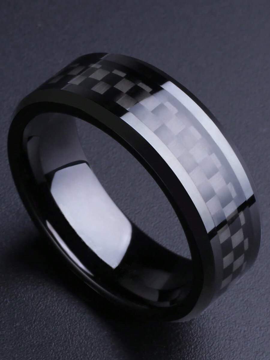 1 Pc Fashion 8mm Men Black Stainless Steel Rings Vintage Inlaid Black Carbon Fiber Rings For Men Women Wedding Band Jewelry Accessories - Black - View 1
