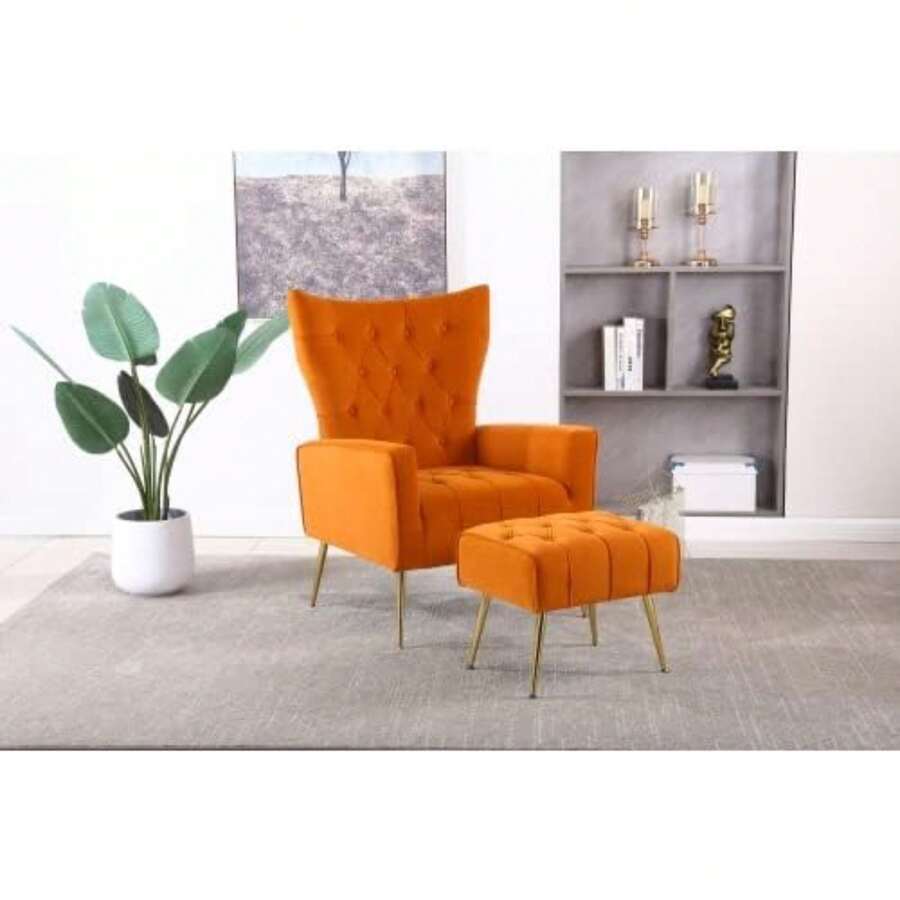 Velvet Accent Chair With Ottoman,Modern Accent Chairs With Armrests And Backrest , Accent Chairs Set Of 2 ,Single Sofa Chair For Living Room, Bedroom, Apartment, Office - Orange - View 1