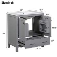30" Gray Bathroom Vanity With Single Sink, Combo Cabinet Undermount Sink, Bathroom Storage Cabinet With 2 Doors And A Drawer, Soft Closing, Multifunctional Storage, Solid Wood Frame - 灰色 - 查看 11
