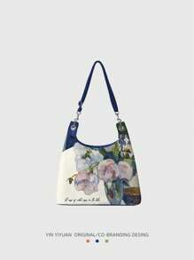 Ink Art Garden Túi tote vải thiết kế ban đầu, hoa hồng trắng phong cách nghệ thuật Trung Quốc Túi đi lại sức chứa lớn với thiết kế độc đáo dành cho nữ - Màu xanh lam - Xem 1