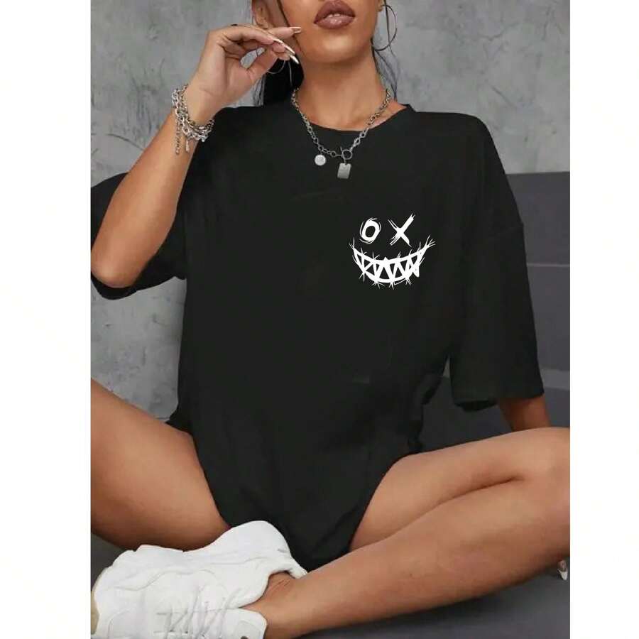 Camiseta Feminina Blusinha T Shit Fashion Algodão Plus Size Infantil Rosto Sad Oversized Moda Streetwear - Preto - Visão 1