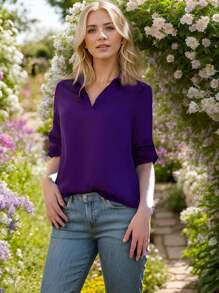 Women's V-Neck Long Sleeve Adjustable 3/4 Sleeve Casual Women's Pullover - 紫色 - 查看 4
