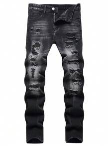 Jeans skinny diritti neri slavati e strappati stile europeo e americano per uomo
