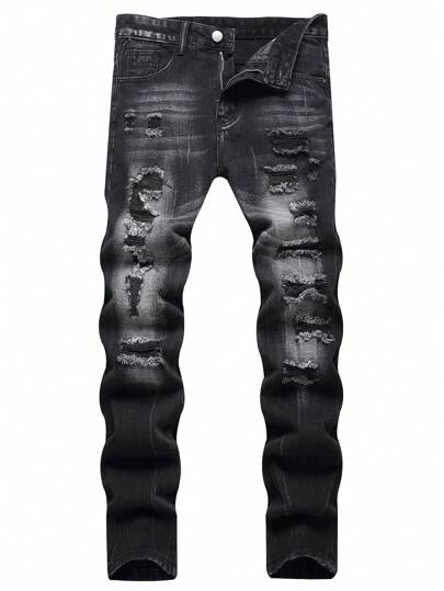Jeans ajustados rectos de corte recto negro desgastado y rasgado, estilo europeo y estadounidense para hombres