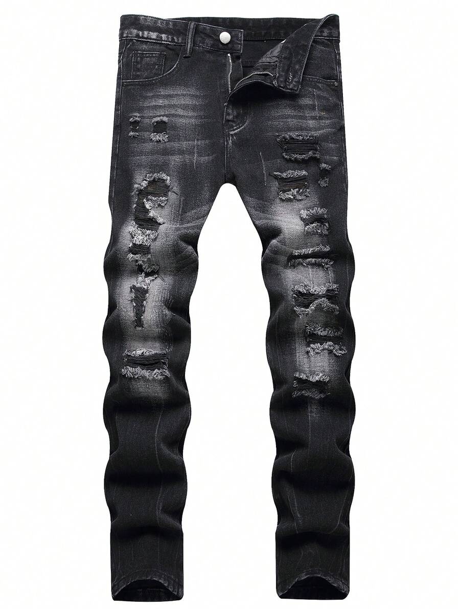 Jeans skinny diritti neri slavati e strappati stile europeo e americano per uomo
