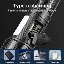 1個強大的戰術充電式LED手電筒，7種模式高亮度手電筒，COB工作燈，手持式手電筒，適用於緊急情況，徒步旅行，露營，露營設備 - 彩色 - 查看 4