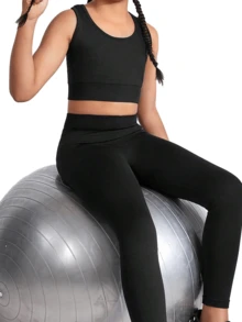 Tween Girl 1set Black Basic Seamless Sportswear Workout Set - Black - View 1